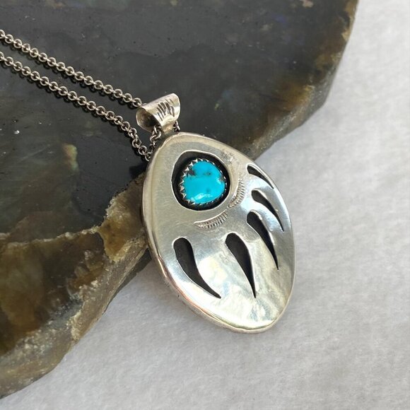 VTG Sterling Silver 925 Southwest Bear Pawn Shadowbox Turquoise Pendant Necklace - Picture 12 of 16